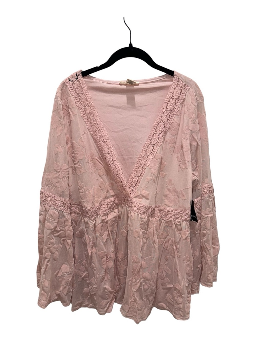 Torrid Light Pink Lace Babydoll Top 2X NWT Bell Sleeve Boho Blouse Plus - Picture 3 of 6